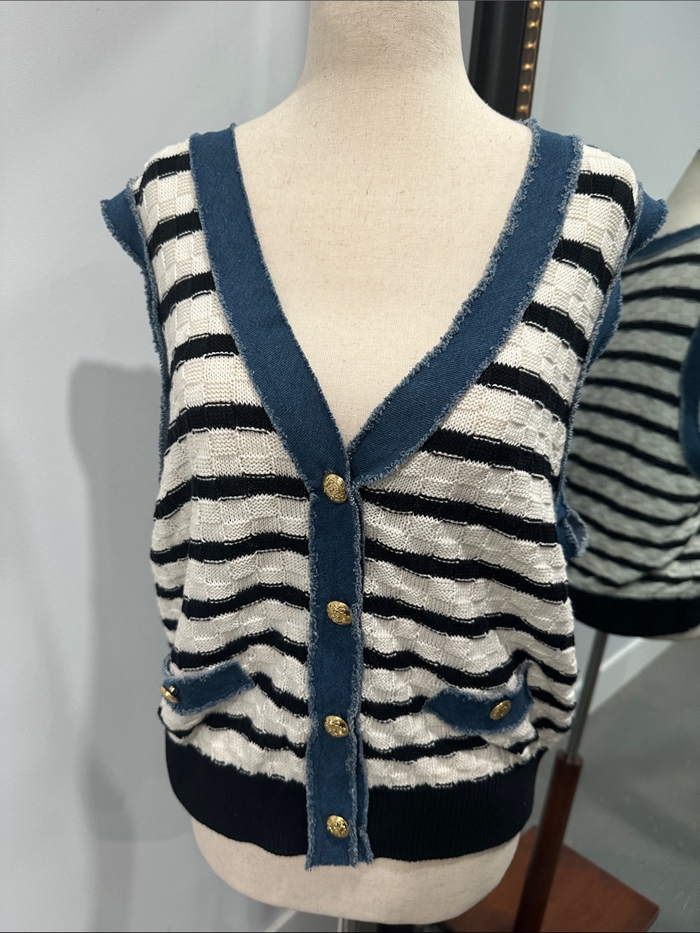 Striped Knit Sleeveless Cardigan Vest with Blue Denim Trim + Gold Buttons
